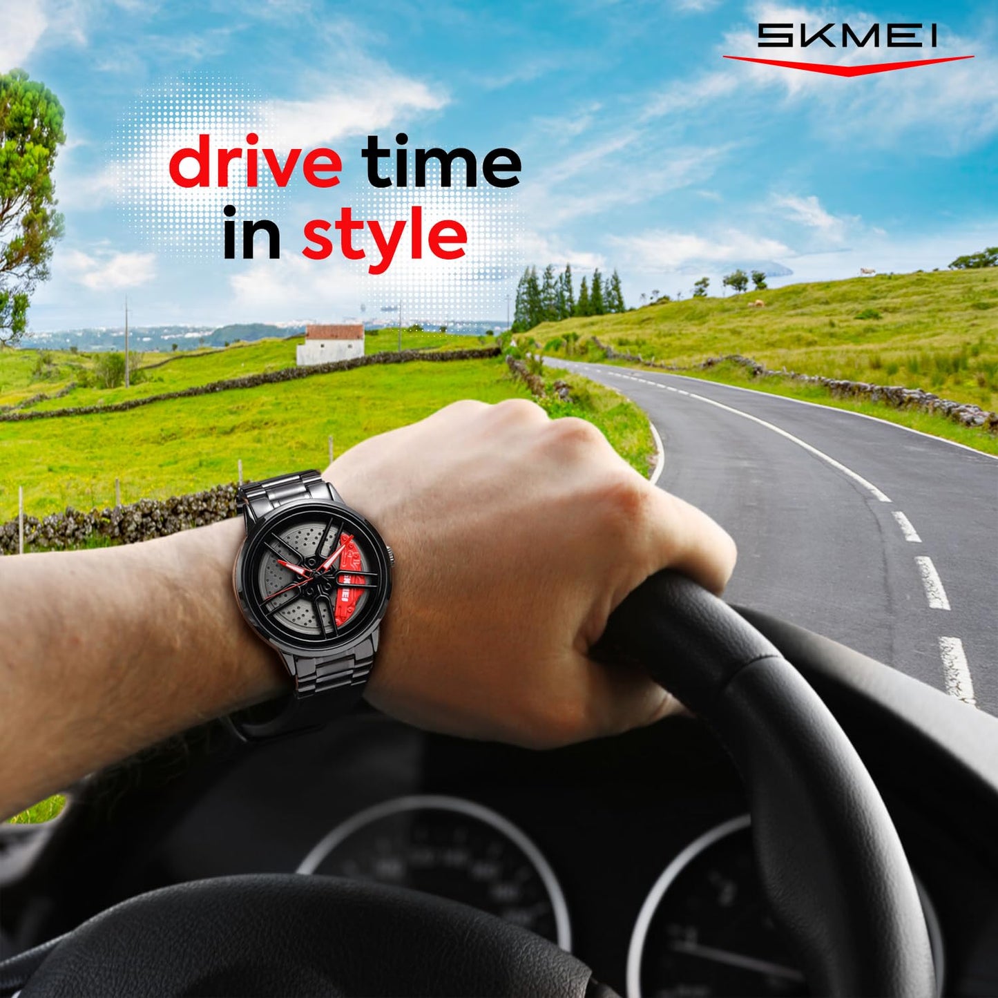 SKMEI  Men Racing Watches rotatable Car Rim Wheel hub Design Sports Watches Stainless Steel Waterproof Watch